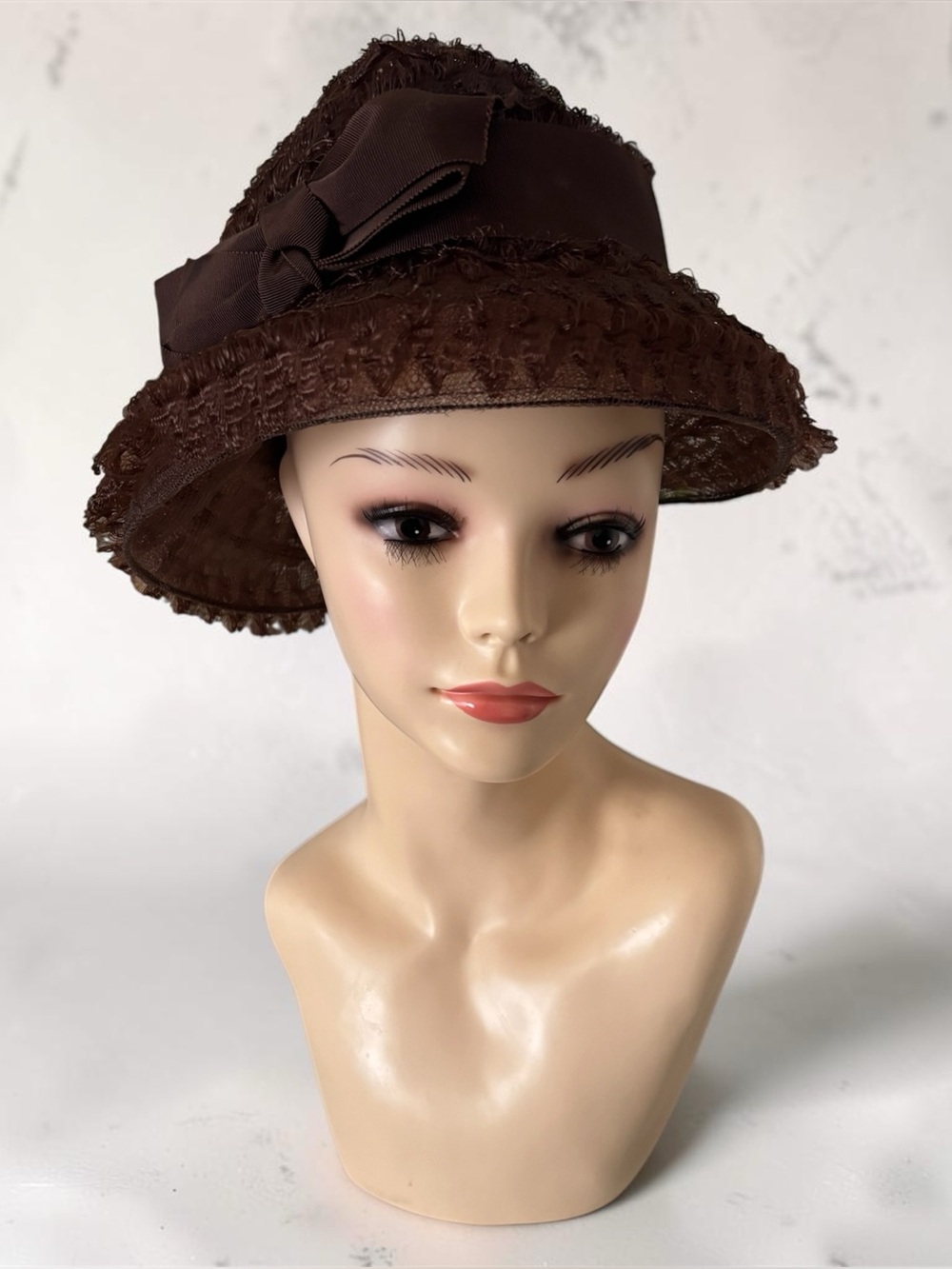 Lilly Dache Young Modes Vintage Brown Cloche Hat w/ Lace Texture & Side Bow